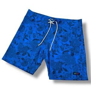 Oakley Blue Floral Board Shorts Size 34 Performance Fit Swim Trunks Surf Unlined